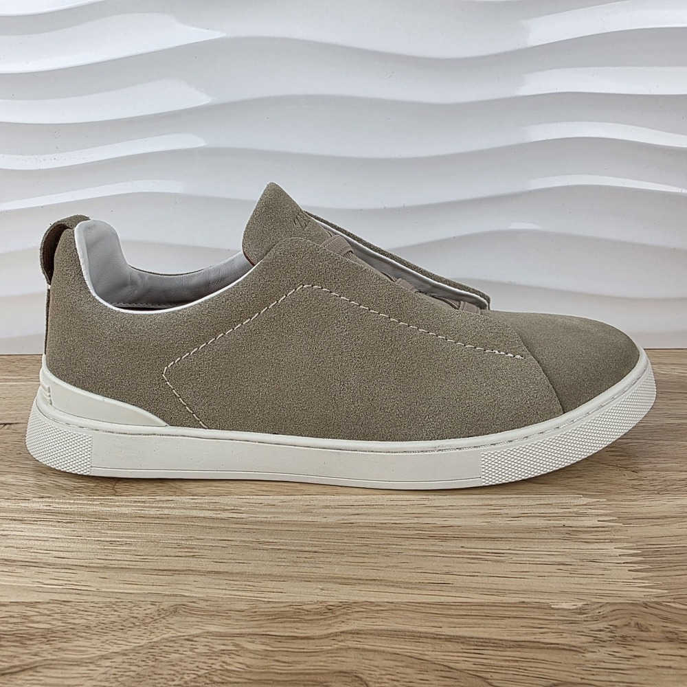 Zegna Triple Stitch Sneakers Mens Size US 12 EU 11 Beige Suede Casual Slip On